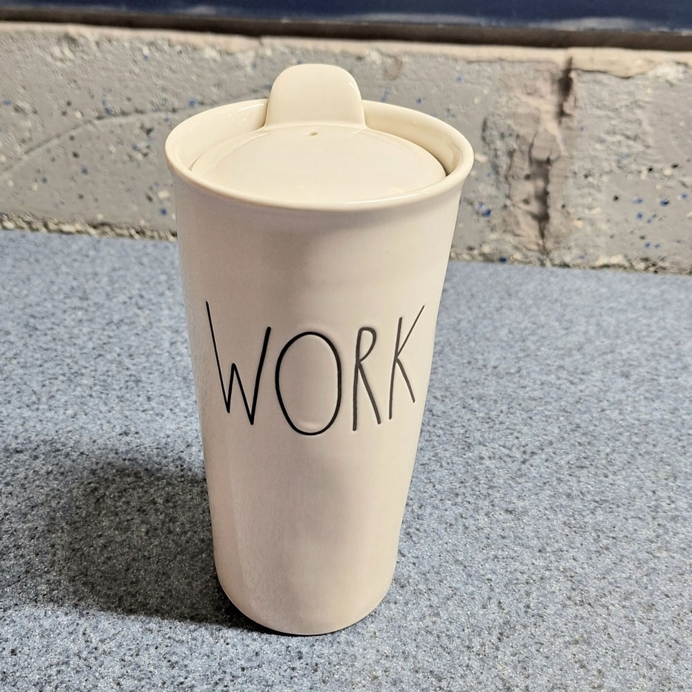 Rae Dunn Ceramic "WORK" Travel Mug With Lid, 12 Ounces